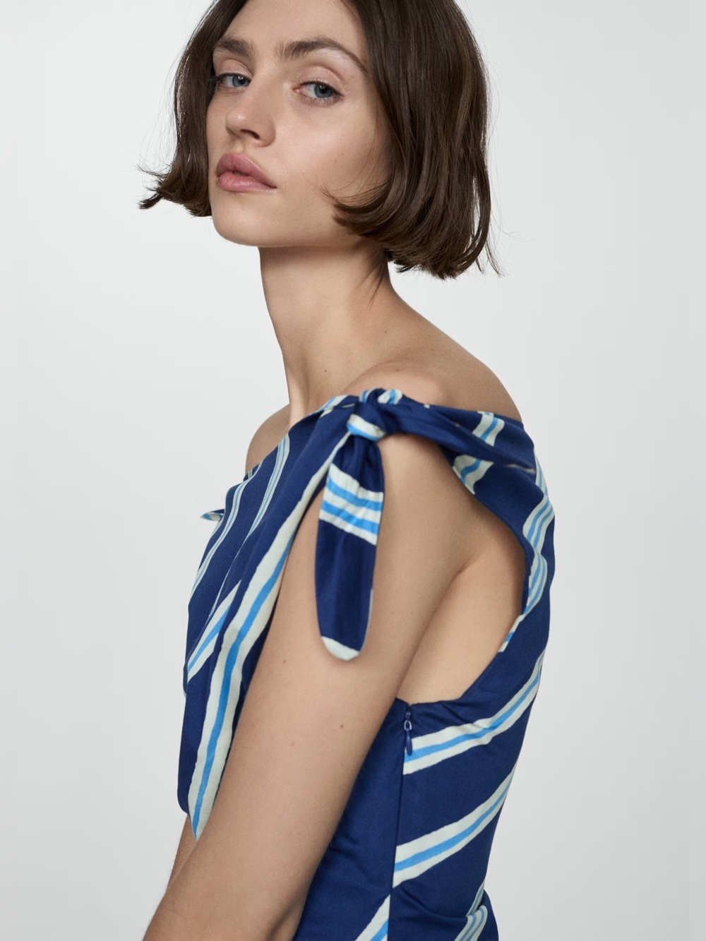 Mango One Shoulder Blue Striped dress with bare shoulders NWT - Picture 7 of 9